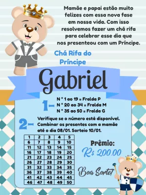 Convite Chá Rifa Ursinho Príncipe para Editar Online