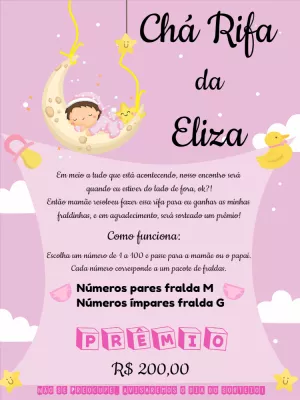 Convite Chá Rifa de Menina com Lua para Editar Online