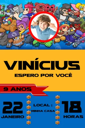Convite de Aniversário Brawl Stars com Foto para Editar Online