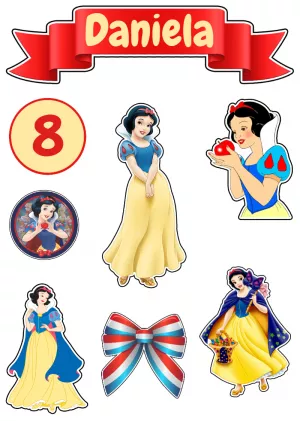 Topo de Bolo Branca de Neve com Personagens para Editar Online