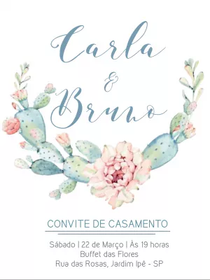 Convite de Casamento Cactos Aquarela Romântico para Editar