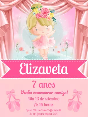 Convite Aniversário Bailarina Aquarela para Editar Online