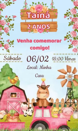 Convite Aniversário Fazendinha Menina com Animais para Editar