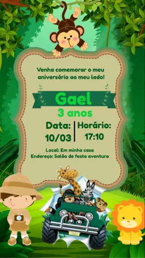 Convite de Aniversário Safari com Animais para Editar Online