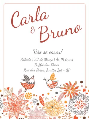 Convite de Casamento Floral com Pássaros para Editar Online