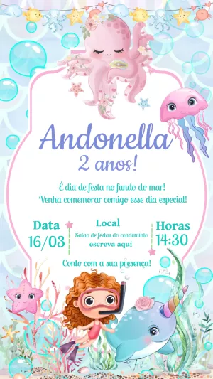 Convite Aniversário Fundo do Mar com Sereia para Editar Online