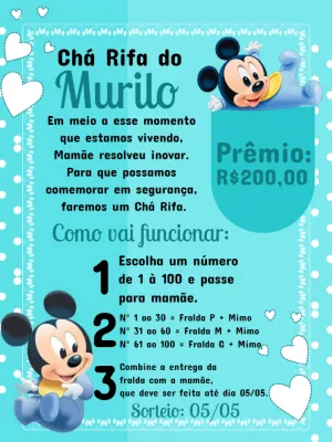 Convite Chá Rifa Mickey Baby para Editar Online