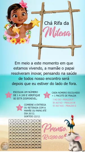 Convite Chá Rifa Moana Baby com Personagens para Editar Online