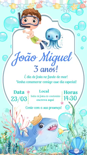 Convite Aniversário Fundo do Mar Menino para Editar Online