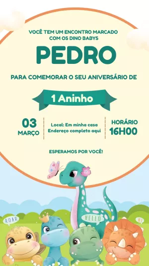 Convite Aniversário Dino Baby Fofo para Editar Online