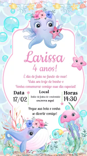 Convite Aniversário Fundo do Mar com Animais para Editar Online