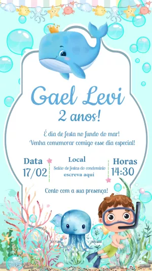 Convite de Aniversário Fundo do Mar com Baleia para Editar