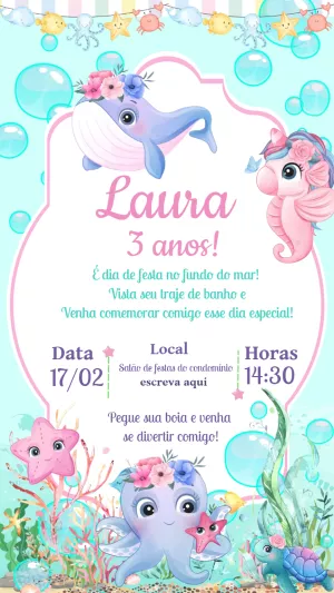 Convite Aniversário Fundo do Mar Menina para Editar Online