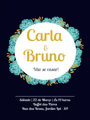 Convite de Casamento Floral Azul Marinho e Dourado para Editar