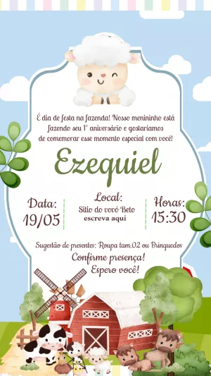 Convite Aniversário Fazendinha com Ovelha para Editar Online