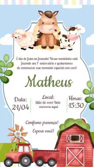 Convite Aniversário Fazendinha com Animais para Editar