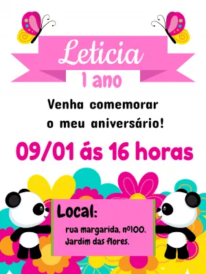 Convite Aniversário Panda Rosa para Editar Online