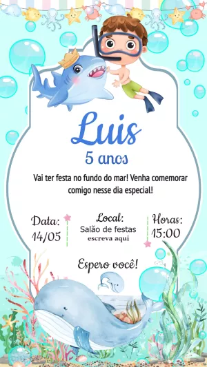 Convite de Aniversário Fundo do Mar com Menino para Editar