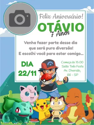 Convite Aniversário Pokémon com Foto para Editar Online
