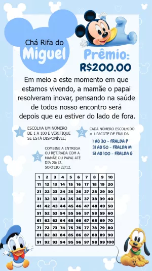 Chá Rifa Mickey Baby com Cartela de Números para Editar