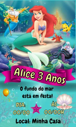 Convite Aniversário Pequena Sereia Ariel para Editar Online