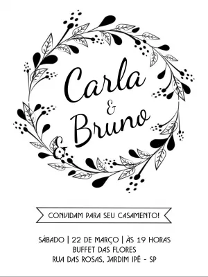 Convite de Casamento Folhagem Preto e Branco para Editar Online