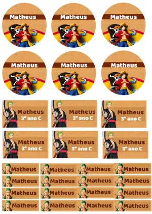 Etiquetas Escolares One Piece com Luffy e Zoro para Editar Online