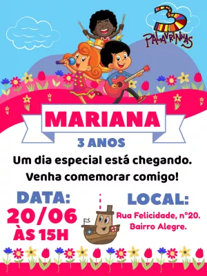 Convite Aniversário 3 Palavrinhas com Personagens para Editar