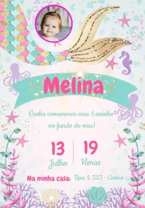 Convite Aniversário Sereia com Foto para Editar Online