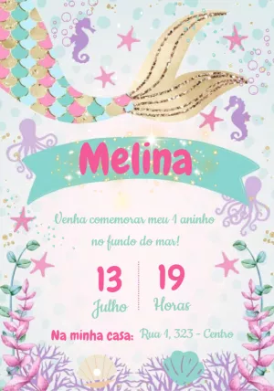 Convite de Aniversário Sereia Fundo do Mar para Editar