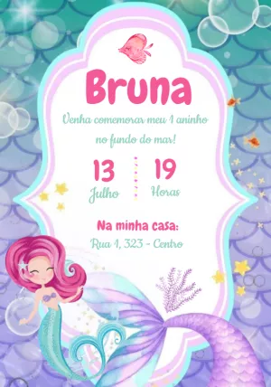 Convite Aniversário Sereia Fundo do Mar para Editar Online
