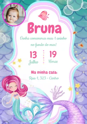 Convite Aniversário Sereia com Foto para Editar Online