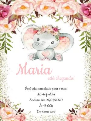 Convite Chá de Bebê Elefantinha Floral para Editar Online