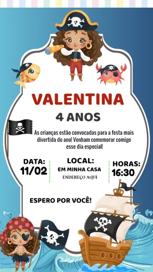 Convite de Aniversário Pirata Menina para Editar Online