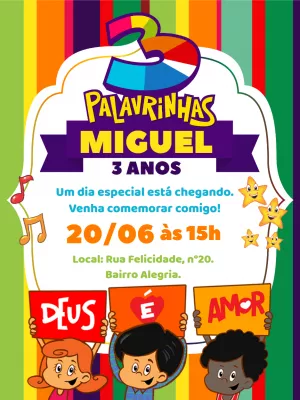 Convite Aniversário 3 Palavrinhas com Personagens para Editar