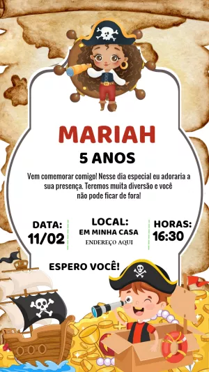 Convite de Aniversário Pirata Menina e Menino para Editar Online