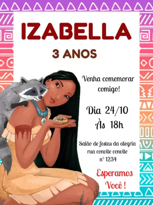 Convite de Aniversário Pocahontas com Personagens para Editar