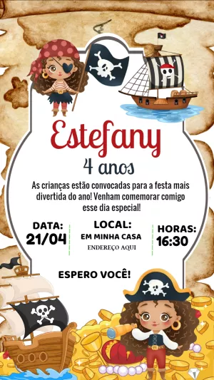 Convite Aniversário Pirata Menina para Editar Online