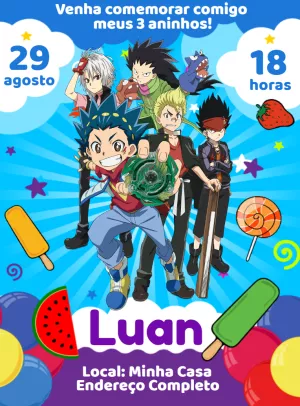 Convite de Aniversário Beyblade com Personagens para Editar