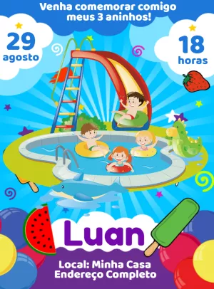 Convite de Aniversário Pool Party Infantil para Editar Online