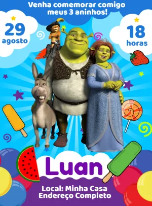 Convite de Aniversário Shrek com Personagens para Editar Online