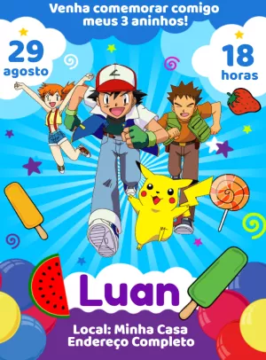 Convite Aniversário Pokémon com Personagens para Editar Online