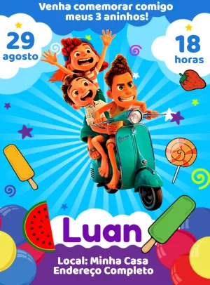 Convite de Aniversário Luca Disney com Personagens para Editar