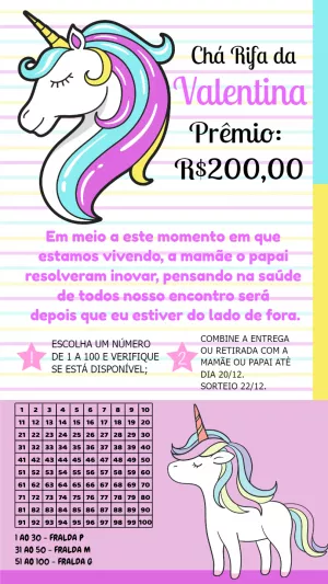 Chá Rifa Unicórnio Menina: Convite Editável Online