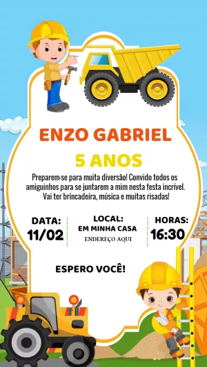 Convite Aniversário Construção com Tratores para Editar Online