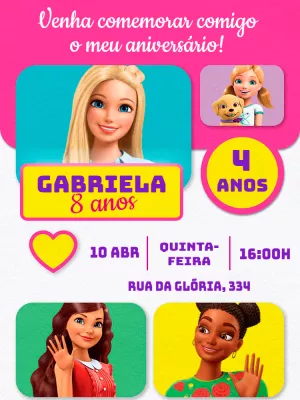 Convite de Aniversário Barbie e Amigas para Editar Online