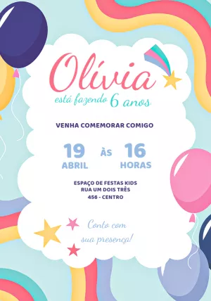 Convite de Aniversário Arco-Íris e Balões para Editar Online