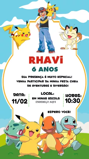 Convite Aniversário Pokémon com Ash e Pikachu para Editar Online