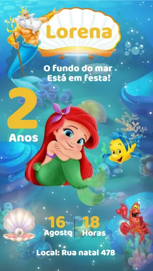 Convite Aniversário Pequena Sereia Ariel e Amigos para Editar