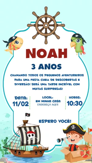 Convite Aniversário Pirata Infantil para Editar Online